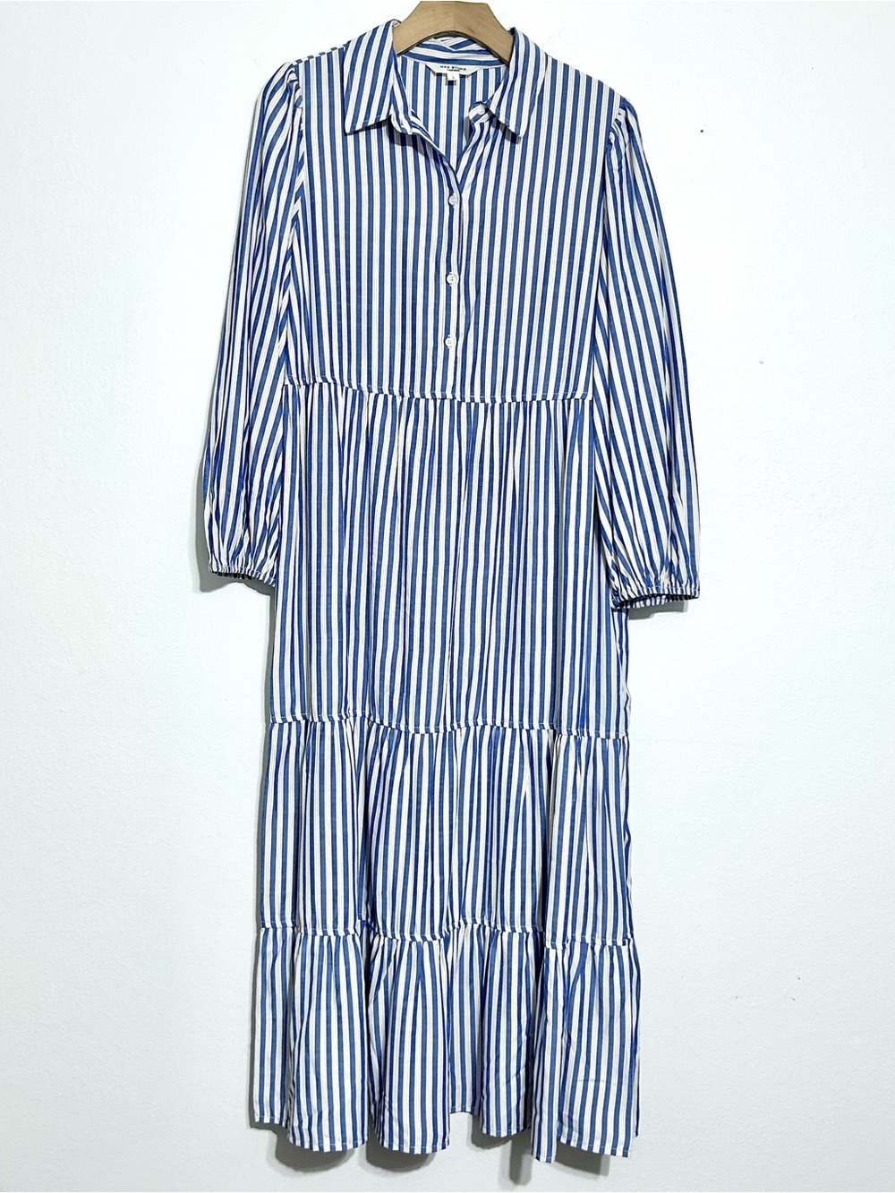 Max Studio blue white striped maxi dress collared summer coastal nautical chic L
